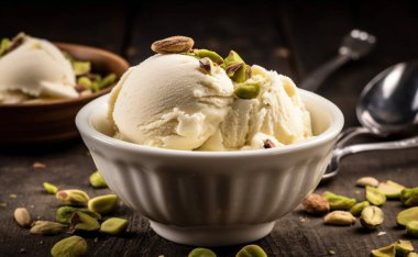 İtalyan dondurması, şam fıstığı, fındık ve badem, koyu arka plan, seçici odak, İtalyan dondurması, tarif dondurması, tarif menüsü geçmişi.