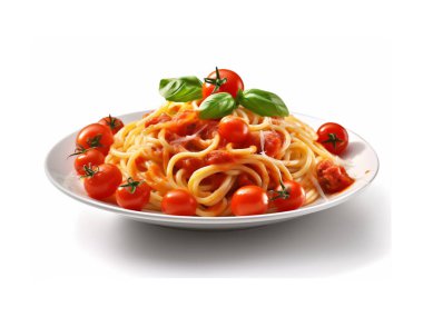 Zengin domates soslu klasik İtalyan makarnası taze fesleğen yaprakları, kiraz domatesleri ve rendelenmiş parmesan peyniri serpiştirilmiş. Kırsal bir masada nefis bir konforlu yemek. Menü için ideal.