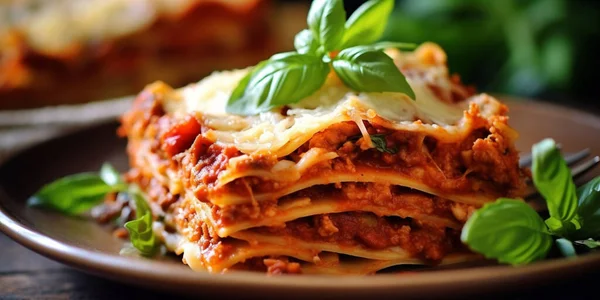 Traditional Italian food, Lasagna freshly prepared served in a plate with basil leaves. Ideal for a menu or food blog.