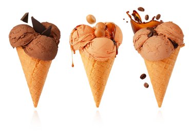 Set of waffle cones with chocolate, caramel and coffee ice cream isolated on white background with clipping path. clipart