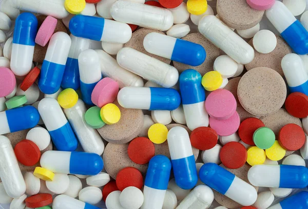 Antecedentes Coloridos Diversas Píldoras Tabletas Cápsulas Medicamentos Farmacéuticos —  Fotos de Stock