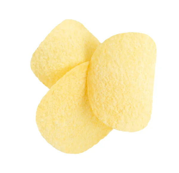 Три Ломтика Картофельных Чипсов Изолированы Белом Фоне Вырезкой Прямо Над — стоковое фото