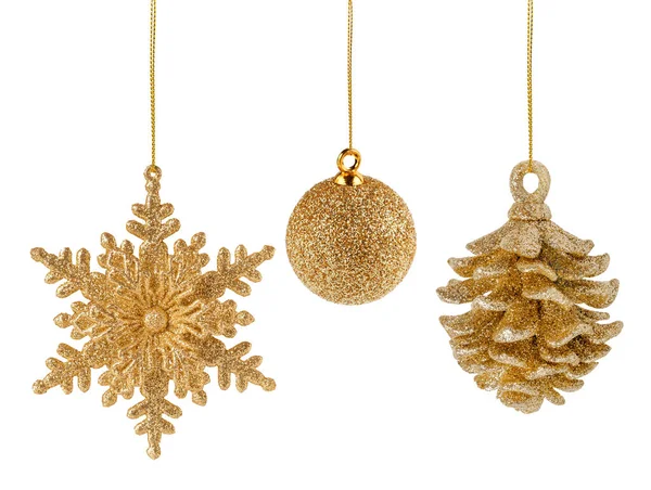 Set Golden Glittering Christmas Ornaments Isolated White Background Clipping Path — Stock Photo, Image