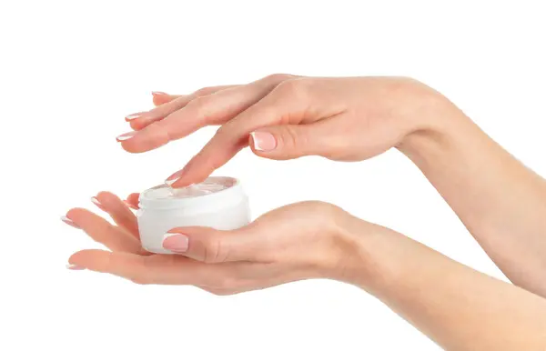 Vrouwelijke Hand Houden Cosmetische Crème Pot Witte Achtergrond Rechtenvrije Stockfoto's