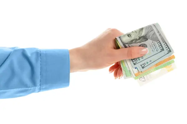 Vrouwelijke Hand Holding Valuta Geïsoleerd Witte Achtergrond Stockfoto