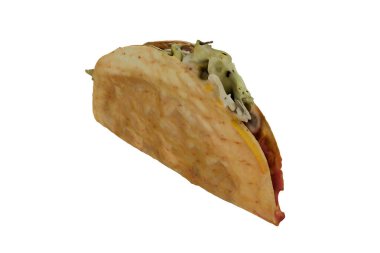 Beyaz arkaplanlı lezzetli bir taco 'nun yakın çekimi.