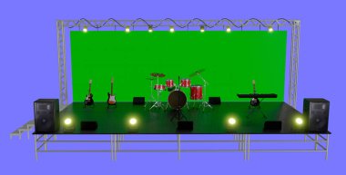 Sahne ve ekipmanlarla 3D canlandırma sahnesi, müzik simgesi