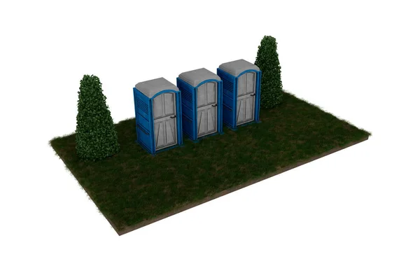 Çim alanındaki Isome görünümlü taşınabilir tuvaletler