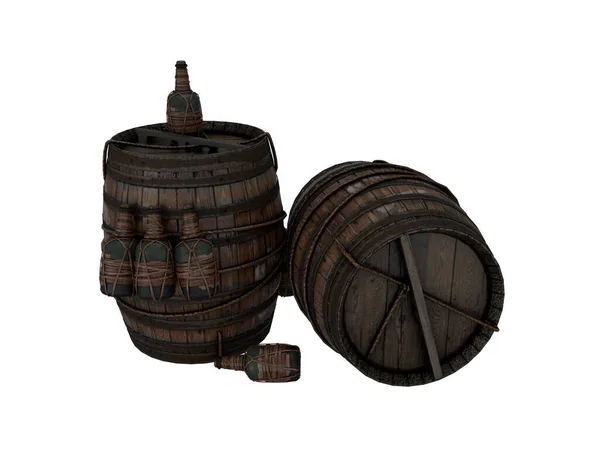 3D渲染朗姆酒瓶与海盗桶 — 图库照片