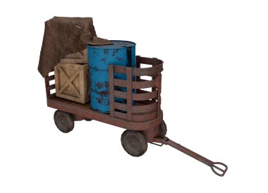 Yağ varili ve ahşap kutulu eski bir karavanın 3 boyutlu görüntüsü.