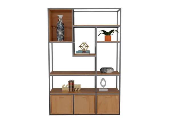 3d rendering open bookcase shelf with decoration