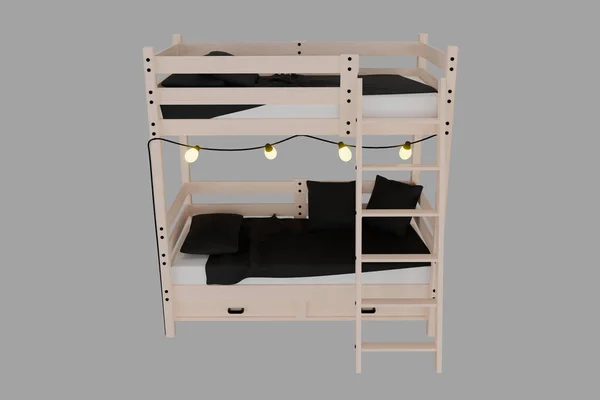 3d render wooden bunk bed with light bulbs