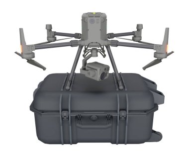 3D görüntüleme endüstriyel kuadkopter drone beyaz arka planda izole kutu