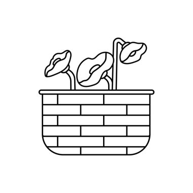 Çiçek ikonlu sepet. Tencerede yetişen bir bitki. Düz biçim vektör illüstrasyonu.