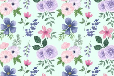 Çiçeklerle süslenmiş kusursuz çiçek deseni. Anemone, suluboya stili ve altın desenli. Beyaz arkaplanda vektör illüstrasyonu.