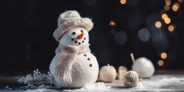 Boldog Karácsonyt Boldog Évet Karácsonyi Ünnepi Háttér Realisztikus Tárgyak Hóember — Stock Fotó