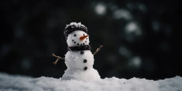 Julkort Mall Snögubbe Med Blank Fana Tittar Kameran Vinter Semester — Stockfoto