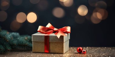 Köknar ağacı dalları ve balo süslemeleri olan koyu sade ahşap masaya sarılı Noel hediyeleri.