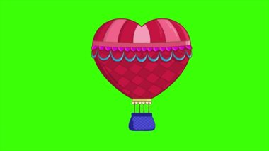 Yeşil ekran animasyonunda uçan sıcak kalp balonu. karikatür animasyonu 4K görüntüleri