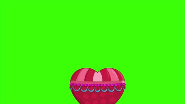 緑色のスクリーンアニメーションで飛んでいる熱い心の気球 アニメーション4K映像 — ストック動画