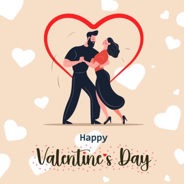  Sevgililer Gününüz kutlu olsun. Sevgililer Günü kartı için kalpler üzerinde dans eden çift ve kadın.