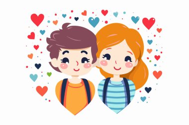 Sevgililer Günü konsepti için beyaz arka planda kalpleri olan soyut küçük çift, Çizgi film Çifti