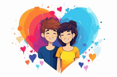 Sevgililer Günü konsepti için beyaz arka planda kalpleri olan soyut küçük çift, Çizgi film Çifti