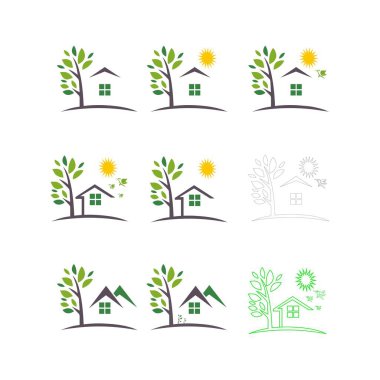 Emlak logosu ve semboller daire, ev, ağaç simgeleri