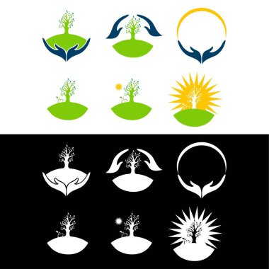 Yeşil yapraklar ağaç yaprağı ekolojisi doğa vektör ikonu, doğa logosunda ekili bitki. Vektör grafik tasarımı, Eşsiz tasarım. Premium vektör. Sağlık hizmeti logosu tasarım paketi
