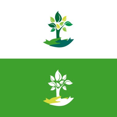 Yeşil doğa ikonları tarzı. Ve geometrik yeşil nesne. Vektör, illüstrasyon. Yeşil ağaç logosu, organik yaprak logosu..