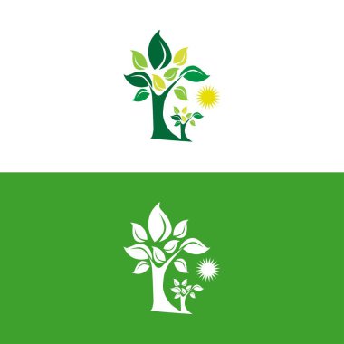 Yeşil doğa ikonları tarzı. Ve geometrik yeşil nesne. Vektör, illüstrasyon. Yeşil ağaç logosu, organik yaprak logosu..
