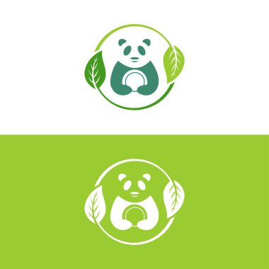 Panda yaprağı logosu tasarımı, panda logosu şablonu, şirin panda yüzü, aşk panda logosu. Şirin Panda Logo tasarım vektör şablonu. hayvan, Asya, bambu, kalp, karakter, çin, ayı, siyah, evcil hayvan, safari.