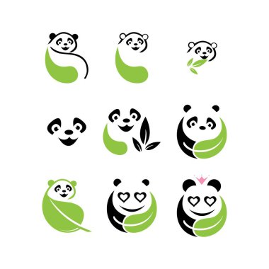 Panda yaprağı logosu tasarımı, panda logosu şablonu, şirin panda yüzü, aşk panda logosu. Şirin Panda Logo tasarım vektör şablonu. hayvan, Asya, bambu, kalp, karakter, çin, ayı, siyah, evcil hayvan, safari.