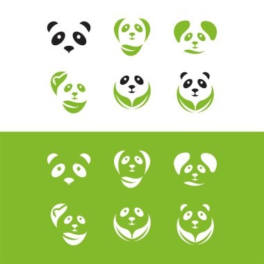 Panda yaprağı logosu tasarımı, panda logosu şablonu, şirin panda yüzü, aşk panda logosu. Şirin Panda Logo tasarım vektör şablonu. hayvan, Asya, bambu, kalp, karakter, çin, ayı, siyah, evcil hayvan, safari.