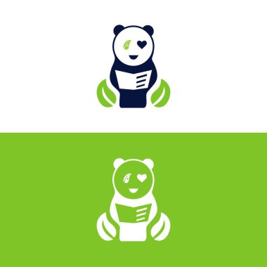 Panda yaprağı logosu tasarımı, panda logosu şablonu, şirin panda yüzü, aşk panda logosu. Şirin Panda Logo tasarım vektör şablonu. hayvan, Asya, bambu, kalp, karakter, çin, ayı, siyah, evcil hayvan, safari.