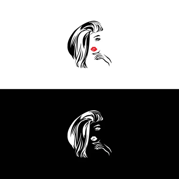 自然な美容院の女性のロゴの設計 女性の長いヘアスタイルのアイコン ロゴの女性は白い背景 美しさの表面抽象的なロゴのベクトル イラスト 白いヘアスタイルの美しい少女 ギャルスのシンボル — ストックベクタ