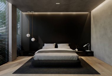 Modern yatak odası iç tasarımı çağdaş, odada doğal tonlar, duvarlar, zemin ve tavan. resimleme hazırlanıyor