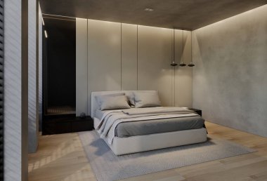 Modern yatak odası iç tasarımı çağdaş, odada doğal tonlar, duvarlar, zemin ve tavan. resimleme hazırlanıyor