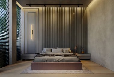 Modern yatak odası iç tasarımı çağdaş, odada doğal tonlar, duvarlar, zemin ve tavan. resimleme hazırlanıyor