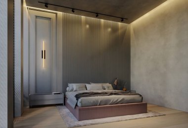 Modern yatak odası iç tasarımı çağdaş, odada doğal tonlar, duvarlar, zemin ve tavan. resimleme hazırlanıyor