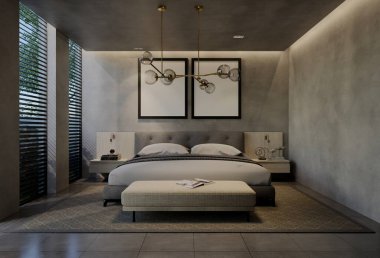 Modern yatak odası iç tasarımı çağdaş, odada doğal tonlar, duvarlar, zemin ve tavan. resimleme hazırlanıyor