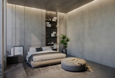 Modern yatak odası iç tasarımı çağdaş, odada doğal tonlar, duvarlar, zemin ve tavan. resimleme hazırlanıyor