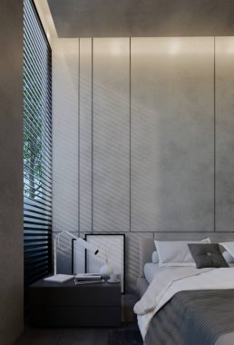 Modern yatak odası iç tasarımı çağdaş, odada doğal tonlar, duvarlar, zemin ve tavan. resimleme hazırlanıyor