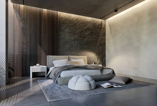 Сучасний Дизайн Інтер Єру Спальні Сучасний Природними Тонами Кімнаті Стінах — стокове фото