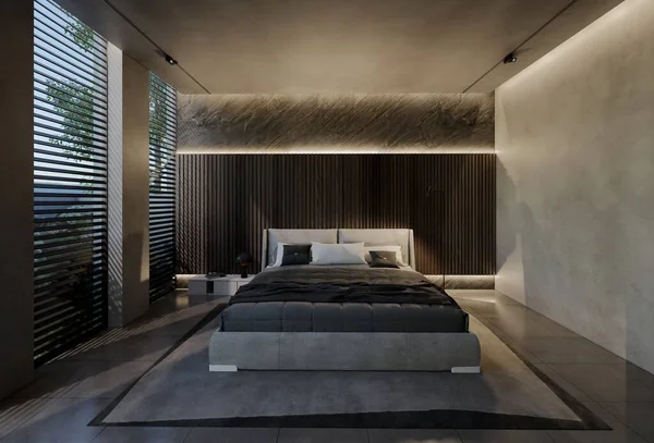 Moderno Dormitorio Diseño Interior Contemporáneo Con Tonos Naturales Habitación Paredes —  Fotos de Stock