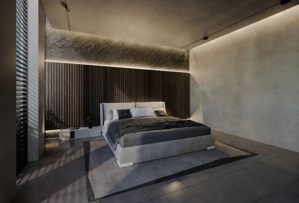 Современный Дизайн Интерьера Спальни Натуральными Тонами Комнате Стенах Полу Потолке — стоковое фото