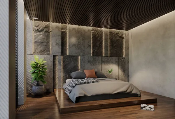 Сучасний Дизайн Інтер Єру Спальні Сучасний Природними Тонами Кімнаті Стінах — стокове фото