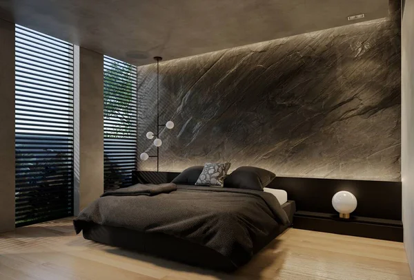 Moderno Dormitorio Diseño Interior Contemporáneo Con Tonos Naturales Habitación Paredes — Foto de Stock