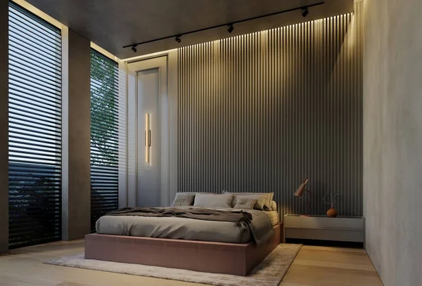 Quarto Moderno Design Interiores Contemporâneo Com Tons Naturais Sala Paredes — Fotografia de Stock