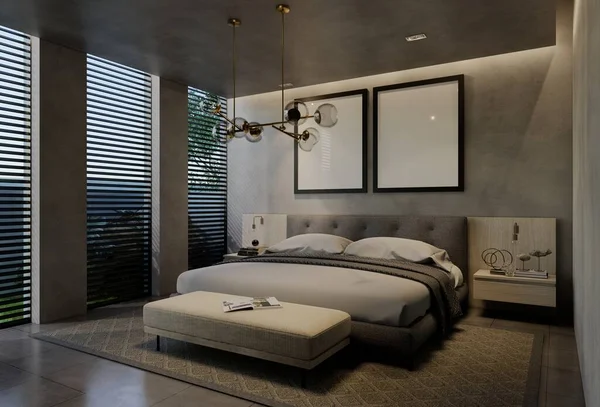 Moderno Dormitorio Diseño Interior Contemporáneo Con Tonos Naturales Habitación Paredes —  Fotos de Stock